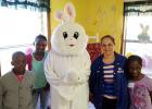 The Easter Bunny (Rita Dudley) is pictured here with (l-r) Roman Wilson, Breasha Graham, Kim Ross, and Alexa Scott. The children are students at Grand Junction Elementary School. Ms. Ross, a GJES teacher, brought the children to the Ruritan Pancake Breakfast where they spent the morning clearing tables and keeping everything neat and orderly. Not shown are students Jamaurius Harris and Alexis Cross, who also volunteered at the fund raiser.	