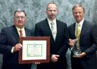 Courtesy of ThyssenKrupp Elevator  Patrick Ginn, Vice President, Manufacturing (Center) receives the 2015 Governor’s Environmental Stewardship Award from Tennessee Gov. Bill Haslam (right) and Tennessee Department of Environment and Conservation Commissioner, Bob Martineau (left) 