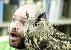 Bob Tarter shows the students the differences in the eyes of Elliott, Eurasian Eagle Owl, and a human’s eyes.