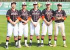 Mills has coached the group of seniors he has since they were in seventh grade. Left to right: Clay Dixon, Cameron Jackson, Tyler Bizzell, Hunter Dickey, and Billy Caicedo. Photo by Karlie Mills.	