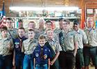 Middleton Scouts Hand Out Awards Back row l-r: Des Brady, Durward Baxter,Clay Joyner, John Turner, Curtis McPherson. Row 2 l to r: Jacob Lumpkins, Caelan McPherson, Landan Rainey, Luke Turner. 3rd row lto r: Trey Joyner, Will Durham, Keenan Leeper, Jonah Brady. Front: Jude Brady