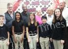 Students pictured (l-r) are: Connor Harris, Savana McCullough, Ella Willis, Tucker McMahan, and Emma Robinson. Back row Board Members pictured (l-r): Bobby Henderson, Jerry Crisp, Patricia Carter, Beverly Bodiford, and Buddy Nelms.
